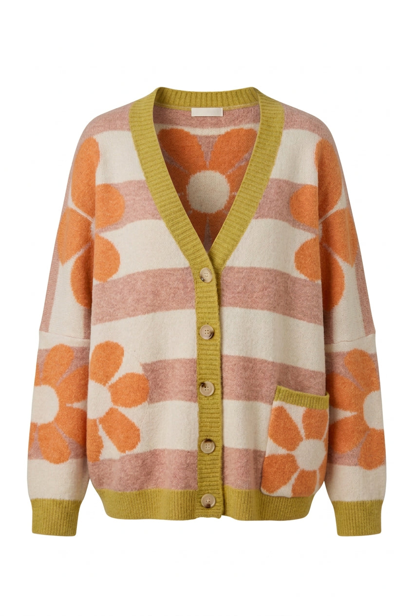 Trestles Clothing Company oversized knit cardigan with retro orange floral pattern, striped design, and V-neckline.